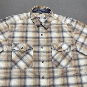 Carhartt Shirt Mens Large Brown‎ Blue Plaid Relaxed Fit Short Sleeve Workwear
